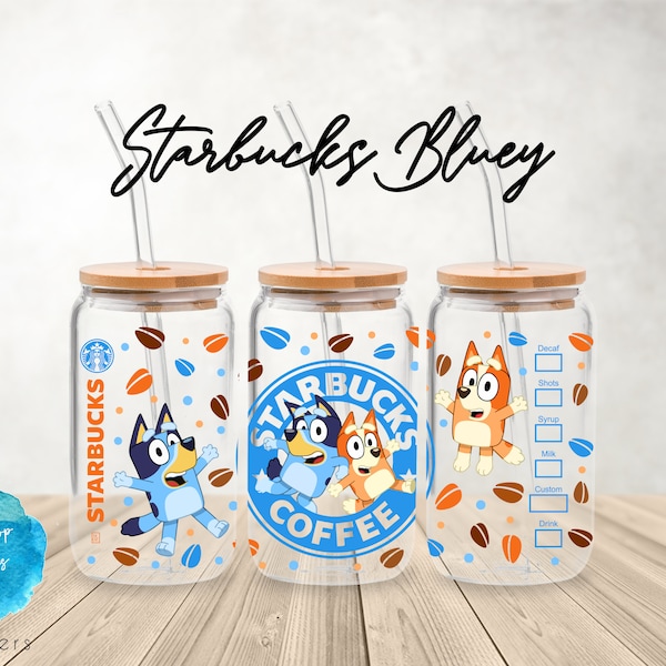 UV DTF Cup Wrap | Blue Dogs Heelers Cartoons Characters Bingo Coffee Boho Kids | Libbey Glass  Beer Can Glass 160z | tumbler sublimation