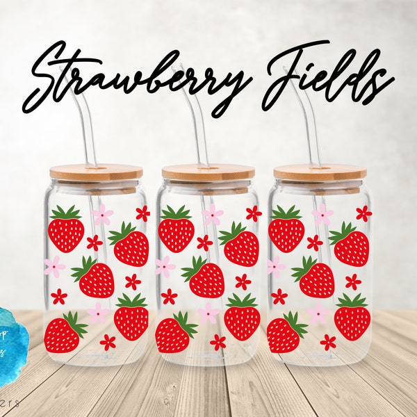 UV DTF Cup Wrap | Strawberry Fruit Popular Summer Spring Flowers Minimalist | Libbey Glass  Beer Can Glass 160z | tumbler sublimation