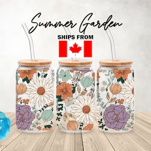 UV DTF Cup Wrap | Garten Blumen Boho | Libbey Glas Bier Dosen Glas 160z | Becher Sublimation