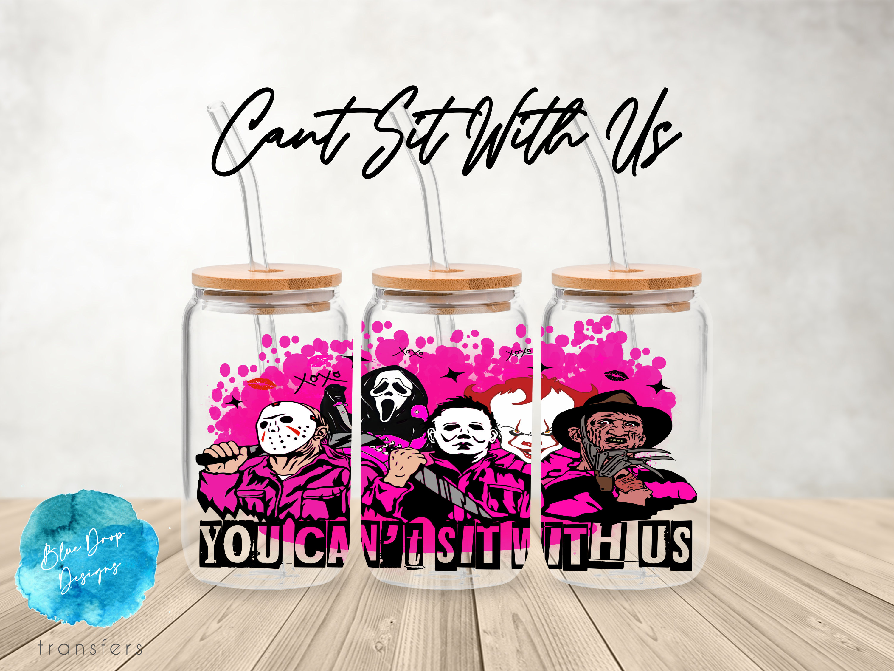 UV DTF Cup Wrap | Horror Spooky Halloween Freddy Jason Mean Girls Pink Ghostface | Libbey Glass Beer Can Glass 160z | tumbler sublimation