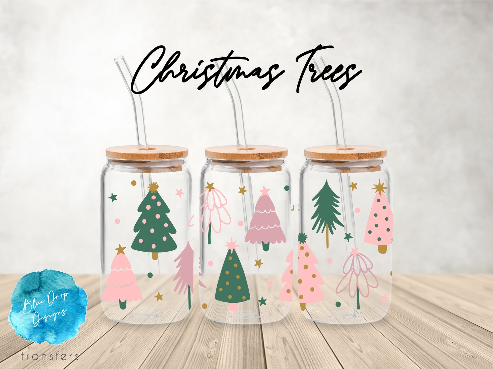 UV DTF Cup Wrap | Christmas Trees Pink Boho Minimalist Aesthetic ...