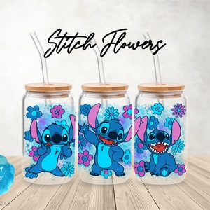UV DTF Cup Wrap | Stitch Flowers Characters Kawaii Cute Kids Movies | Libbey Glass  Beer Can Glass 160z | tumbler sublimation
