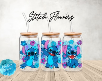 UV DTF Cup Wrap | Stitch Flowers Characters Kawaii Cute Kids Movies | Libbey Glass  Beer Can Glass 160z | tumbler sublimation