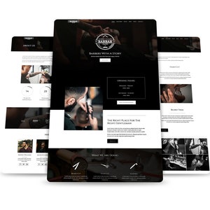 以下が含まれることがあります： 「Barber House Barbar」という理髪店の白黒のウェブサイトデザイン。ウェブサイトには、理髪師が顧客のひげを刈っている写真と、理髪店のサービスと営業時間に関するテキストが掲載されています。