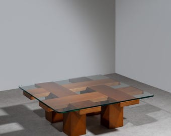 Italian Square Wood Coffee Table Italy 1960s / Vintage Mid Century Walnut Wooden Brown Table