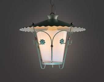 Antique Italian Lantern Metal Chandelier with Flowers 1940s / Romantic Tole Metal Ceiling Light / Vintage Pendant Light