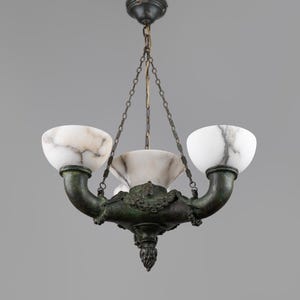 Art Deco Bronze and Alabaster Antique Chandelier 1920s / Rare 4 lights French Pendant Lamp