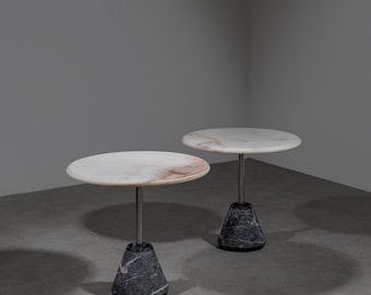 Pair of Ipaz Marble Side Tables by Achille Castiglioni 1980s / White Black Marble Low Round Table / Italian Vintage Furniture