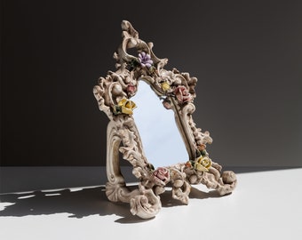 Italian Capodimonte Porcelain Floral Table Mirror 1950s / Antique Ceramic Baroque Makeup Mirror / Tilting Vanity Mirror / Vintage Mirror