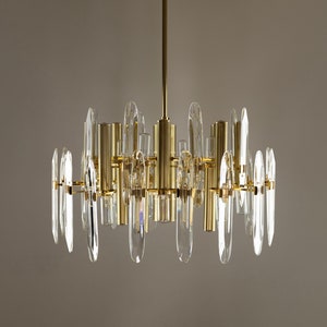 Mid Century Brass and Crystal Prism Chandelier by Gaetano Sciolari 1960s / Vintage Italian Modern 12 lights Pendant Lamp