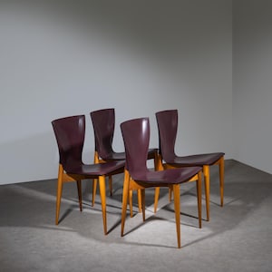 Set of 4 Vintage Dining Chairs Carlo Bartoli &quot;Vela&quot; for Matteo Grassi 1980s / Mid Century Italian Wood and Leather / Modern Wooden Chairs