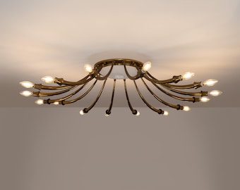 May include: A brass-toned ceiling light fixture with multiple curved arms extending from a central circular base. Each arm holds a small, lit bulb, creating a warm, inviting glow. The fixture is mounted on a white ceiling.