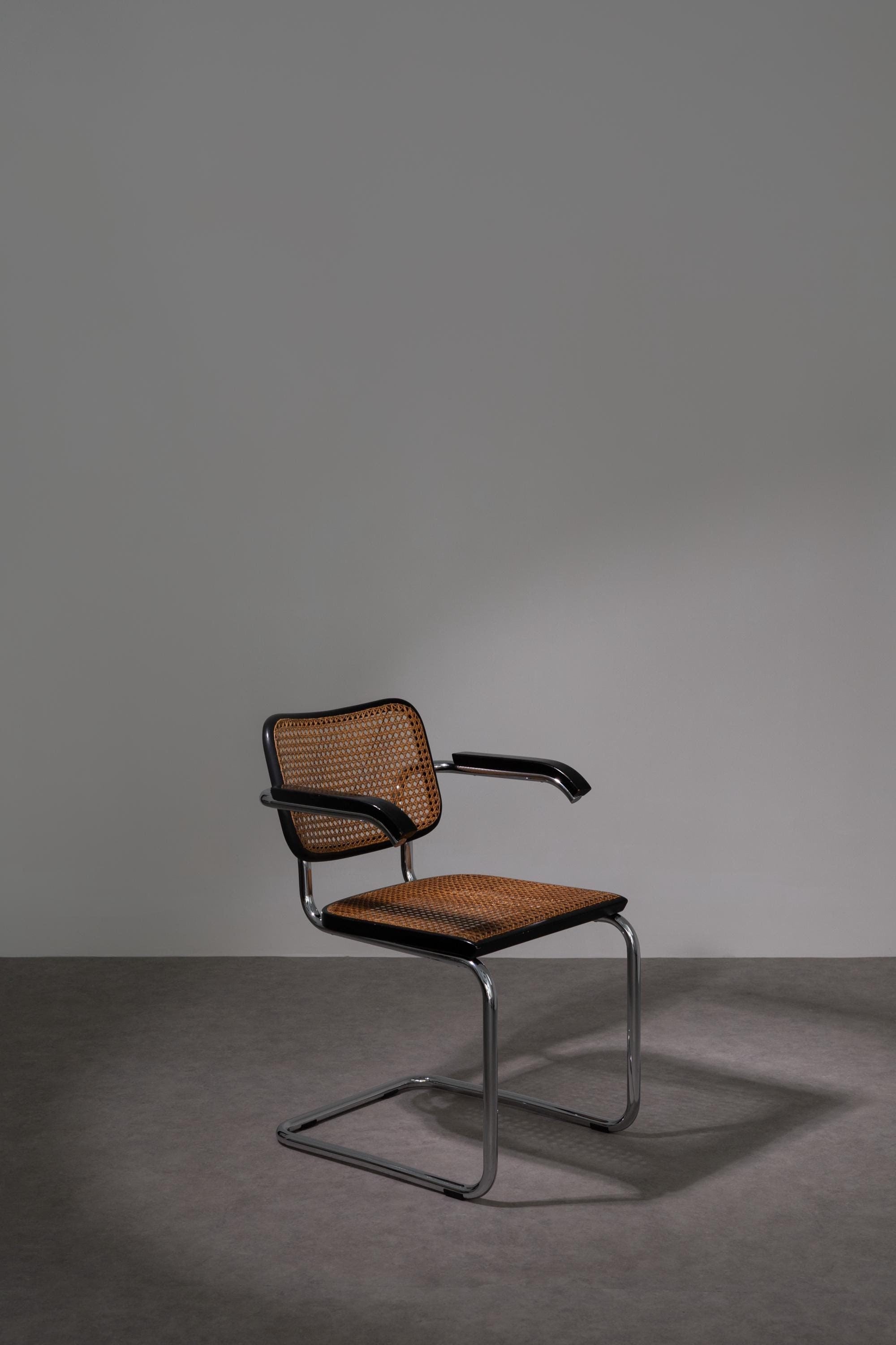 Rare Chaise Originale Gavina Cesca Par Marcel Breuer Des Années 1960/Chaise Moderne Italienne Du Milieu Siècle En Bois Et Rotin