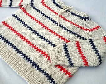 Handgestrickter schwedischer Pullover, Pippi Pullover, handgemachte Kleidung, gestreifter Pullover, Pippi Langstrumpf, nordischer Pullover