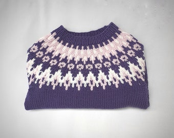 Maglione nordico lavorato a mano, maglione fair isle, maglione per bambini, abbigliamento fatto a mano, regalo norvegese, maglione norvegese, maglione viola