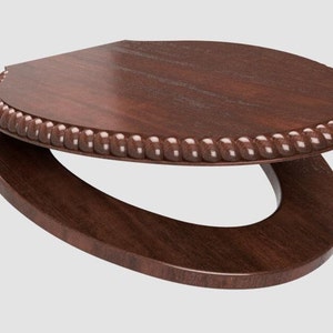 May include: A dark brown wooden toilet seat with a decorative rope-like trim around the edge.