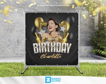 Birthday Party backdrop, Event backdrop, black and gold banner, Happy Birthday backdrop, Custom Backdrop, Vinyl Backdrop, Backdrop Banner