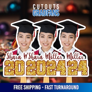 Abanicos de graduación, GradFans, Cabeza en un palo, Abanicos de cara personalizados con asas, Abanicos de mano, Abanicos de graduación personalizados