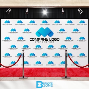 May include: A white backdrop with a red carpet in front of it. The backdrop has a repeating pattern of a blue company logo with the text "COMPANY LOGO STEP & REPEAT". Two silver stanchions with red ropes are on either side of the red carpet.