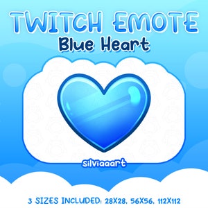 Puede incluir: Emote de Twitch de corazón azul con un acabado brillante. El corazón está en un marco blanco en forma de nube con un fondo blanco. El texto "Twitch Emote Blue Heart" está en la parte superior de la imagen. El texto "silviaaart" está en la parte inferior de la imagen. El texto "3 SIZES INCLUDED: 28X28, 56X56, 112X112" está en la parte inferior de la imagen.