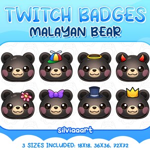 Puede incluir: Conjunto de nueve insignias de Twitch con un oso malayo de dibujos animados con diferentes accesorios, que incluyen una corona, un sombrero de copa, un halo, una flor, un lazo, cuernos de diablo y una gorra de béisbol. Las insignias están disponibles en tres tamaños: 18x18, 36x36 y 72x72.