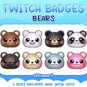 Puede incluir: Ocho insignias de Twitch de osos de dibujos animados en diferentes colores, incluyendo marrón, blanco, negro, gris y rosa. Las insignias están en un formato de cuadrícula y tienen un diseño lindo y estilizado. El texto "Twitch Badges Bears" está en la parte superior de la imagen, y el texto "silviaaart" está en la parte inferior. El texto "3 SIZES INCLUDED: 18X18, 36X36, 72X72" está en la parte inferior de la imagen.