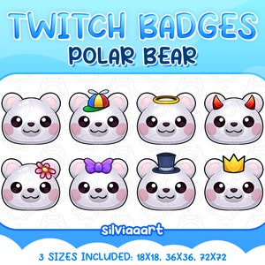 Puede incluir: Conjunto de nueve insignias de Twitch con un lindo oso polar de dibujos animados con diferentes accesorios, que incluyen una corona, un sombrero de copa, un halo, cuernos de diablo, una flor, un lazo y una gorra de béisbol. El texto "Twitch Badges Polar Bear" y "Silviaaart" también están incluidos en la imagen. El texto "3 SIZES INCLUDED: 18X18, 36X36, 72X72" también está incluido en la imagen.