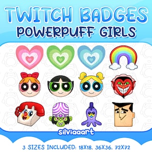 Puede incluir: Un conjunto de 9 insignias de Twitch con los personajes de las Chicas Superpoderosas, incluyendo a Bombón, Burbuja, Bellota, Mojo Jojo y el símbolo de las Chicas Superpoderosas. Las insignias son de varios colores, incluyendo rosa, verde, azul, rojo y amarillo. El texto "Twitch Badges Powerpuff Girls" está en la parte superior de la imagen. El texto "3 tamaños incluidos: 18x18, 36x36, 72x72" está en la parte inferior de la imagen.