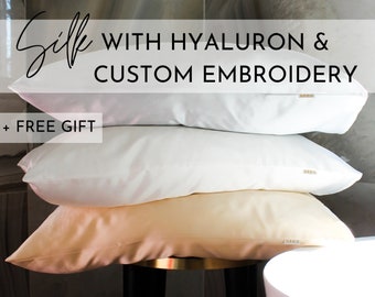 Mulberry Silk Pillowcase Infused with Hyaluronic Acid, Luxury Bedding with Custom Embroidery + Scrunchie for FREE