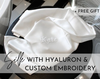 Personalized Silk Pillowcase Infused with Hyaluronic Acid, Custom Silk Pillowcase + FREE GIFT (Scrunchie)