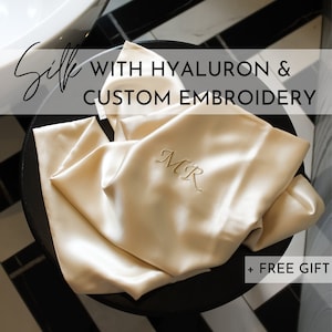 Silk Pillowcase with Embroidery, Personalized Mulberry Silk Pillowcase Infused with Hyaluronic Acid + FREE GIFT (Scrunchie)