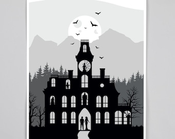 Addams Family Wednesday-inspired landscape poster available in A4, A3, and postcard formats for wall decoration