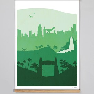 Affiche Poster Paysage inspiré Jurassic Park dinosaures format A4, A3, et carte postale pour décoration salle de cinéma