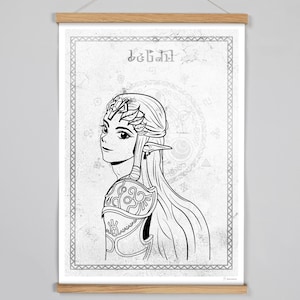 Affiche Poster inspiré Princesse Zelda Hyrule Illustration fait main A4, A3, cartes postales pour offrir cadeau, salle de jeu Geek room
