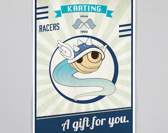 Mario Kart Racing Inspired Poster - Vintage Blue Shell Poster Print Handmade Minimalist Gift Canvas Bananas print for Geek room