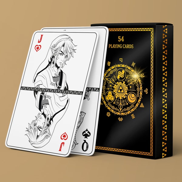 Deck of 54 playing cards inspired by The Legend Of Zelda characters Gold edition Hot foil stamping - handmade box, pouch, wax triforce