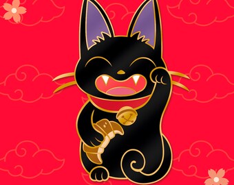 Maneki-neko Jiji inspired brooch pin, large size, gold 2 pins