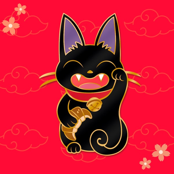 Pin's Maneki-neko Jiji inspired brooch, large size, gold 2 pins