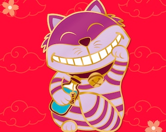 Pin's Brooch inspired by Maneki-neko Cheshire Cat large size, gold 2 pins