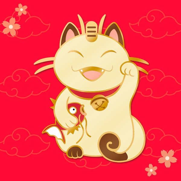 Pin's Broche inspiré Maneki-neko Miaouss Meowth Pokemon, grande taille, doré 2 épingles