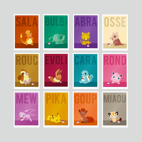 Lot 4 Affiches au choix inspiré Pokemon minimalistes Pikachu Evoli Salameche Bulbasaur Eevee Abra Mew..Fait main chambre enfant illustration