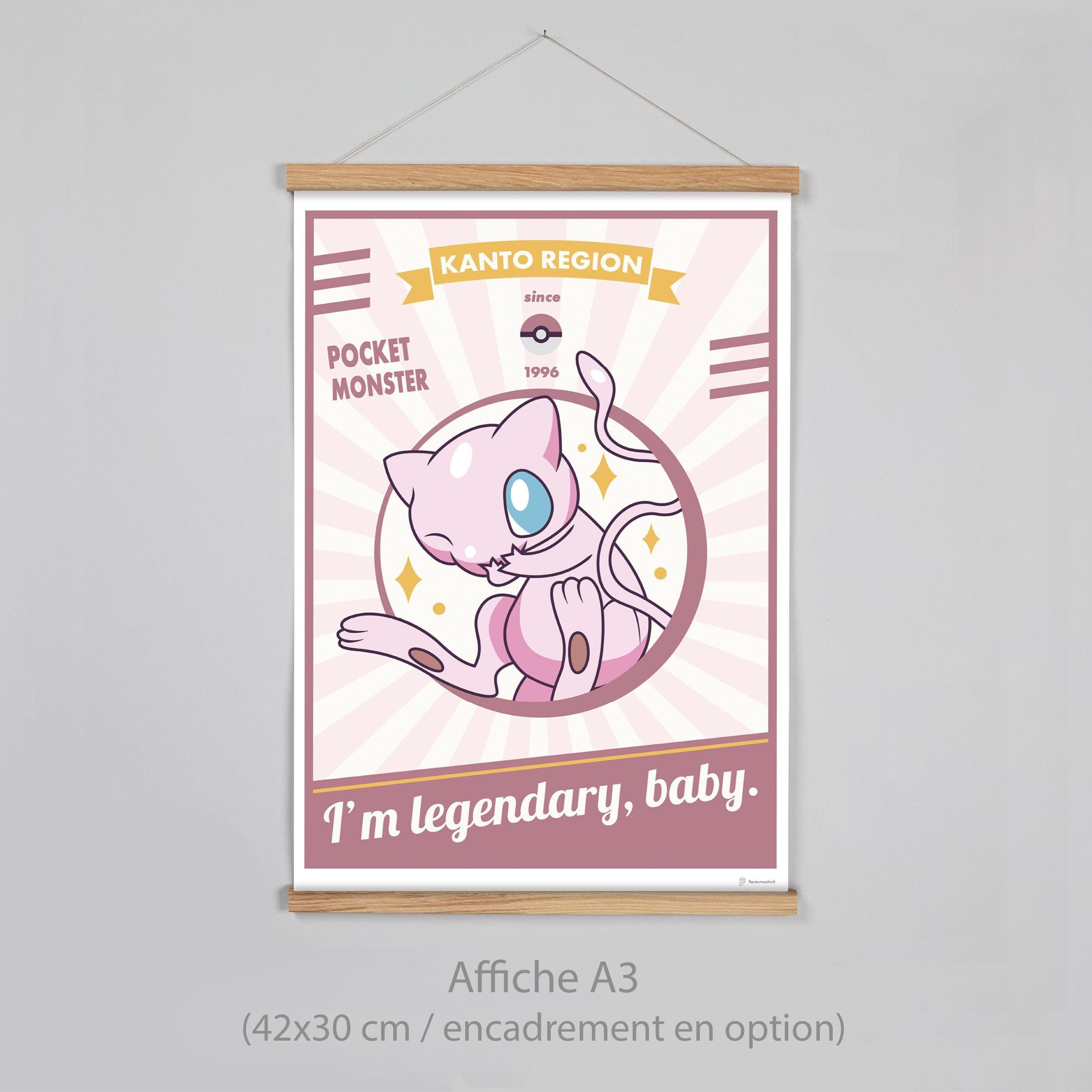 Retro Vintage Poster Inspired Pokemon Minimalist Mew Poster Handmade Unique, Gaming Room Kids Bedroom Illustration Gift