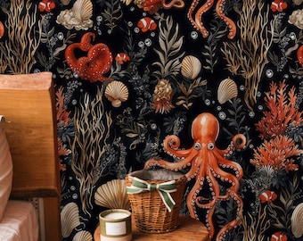 Octopus Coral Peel & Stick Wallpaper – Dark Nautical Ocean Mural – Custom Size