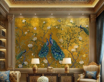 Peel and Stick Chinoiserie Wallpaper: Peacock & Flowers Wall Mural
