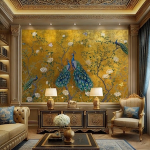 Chinoiserie Wallpaper Pfau Wandbild, Chinoiserie Tapete zum Abziehen und Aufkleben, Tapete mit Vögeln und Blumen, Tapete zum Abziehen und Aufkleben