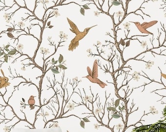 birds and summer flowers wallpaper / peel and stick wallpaper vinyl wallpaper wallpaper room