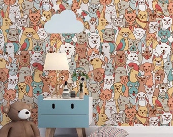 Nursery Pets Wallpaper / Kids Wallpaper / Animal Wallpaper / peel and stick wallpaper vinyl wallpaper wallpaper room