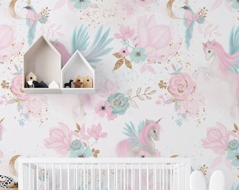 Unicorn and Roses Peel & Stick Wallpaper – Pink Floral Nursery Mural – Custom Size