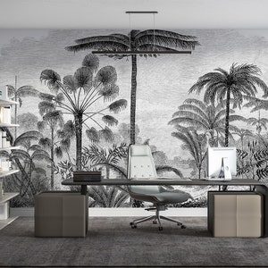 tropical nostalgic black and white palm trees wallpaper / peel and stick wallpaper vinyl wallpaper wallpaper room image 2