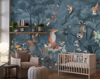 Cute Animals Forest, Kids Wallpaper Peel and Stick, Kids Room Wall Decal, Removable Kids Wallpaper, Kids Room Wallpaper,Stick Wall Mural